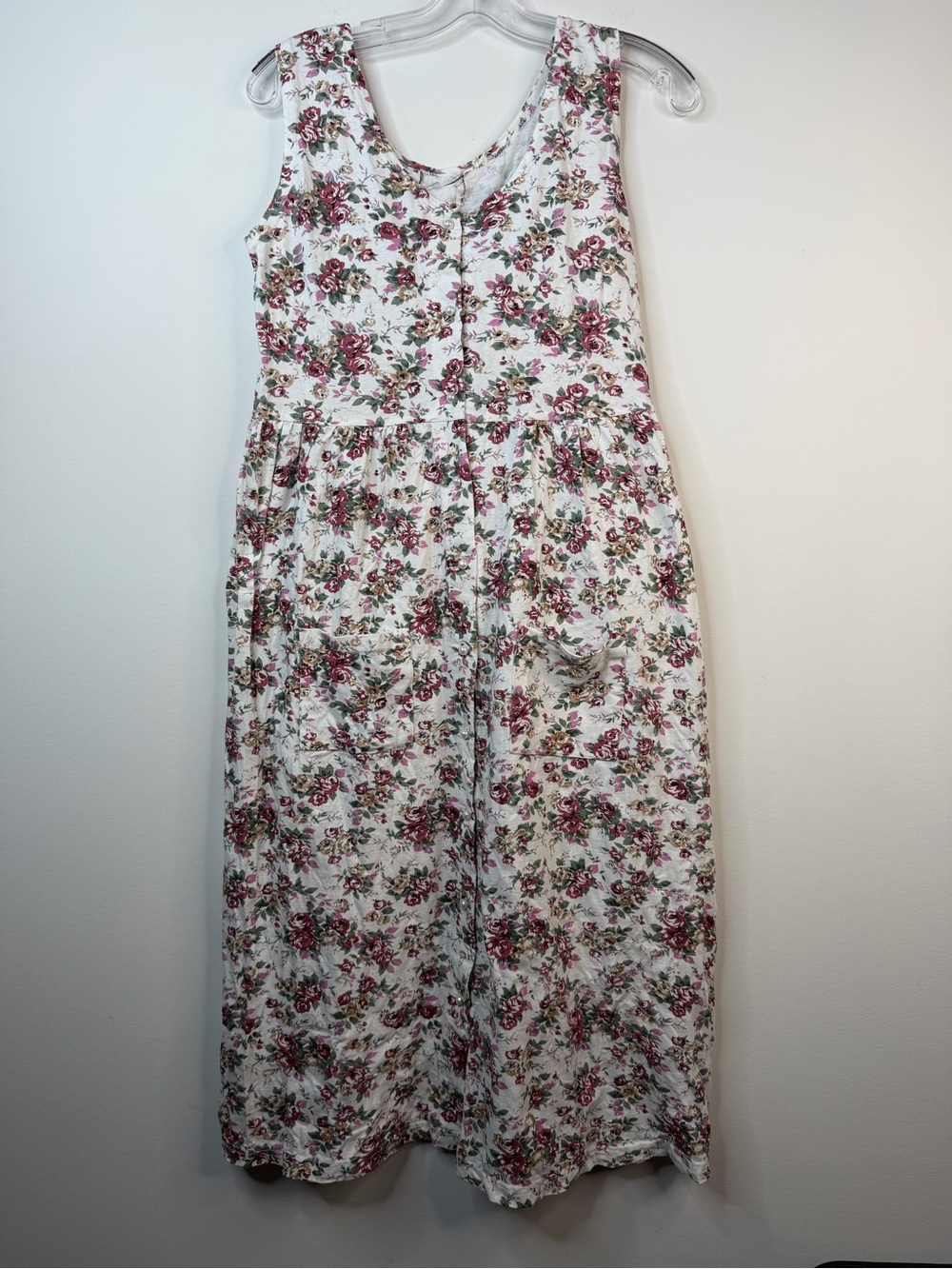 Vintage 90s Cotton Floral Cottagecore Button Front Midi Dress w Pockets medium - Picture 5 of 8